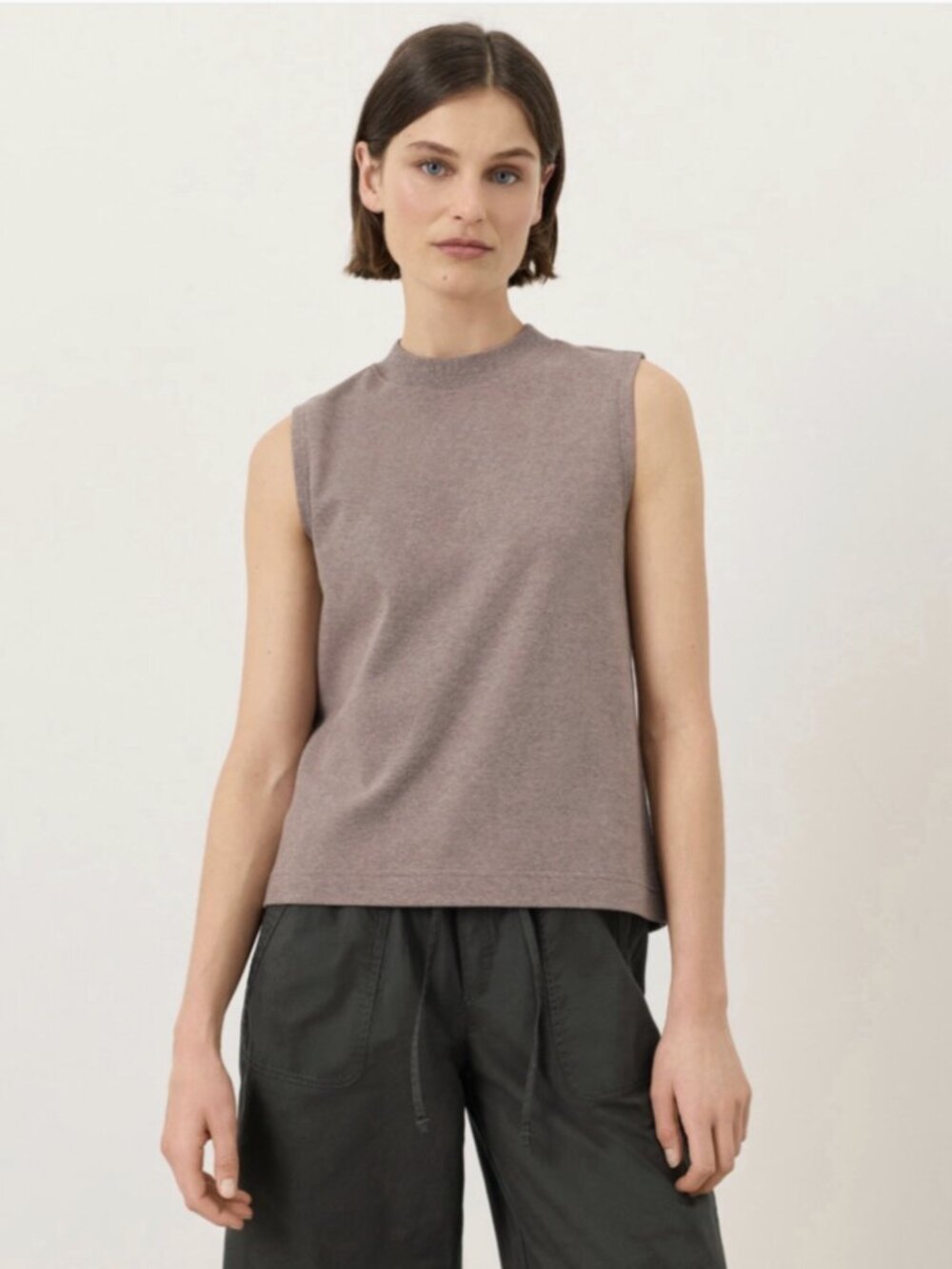 Pact Organic Airplane Mock Neck Shell Tank Top Cotton Dark Taupe Heather sz L